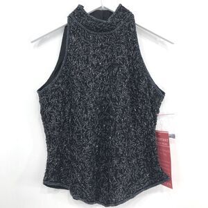 Papell Boutique Black Silk Beaded Special Occasion Holiday Halter Cut Top NEW